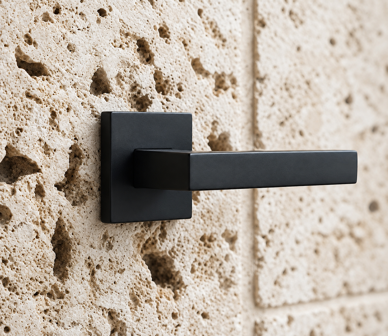 Matte black handle on textured stone